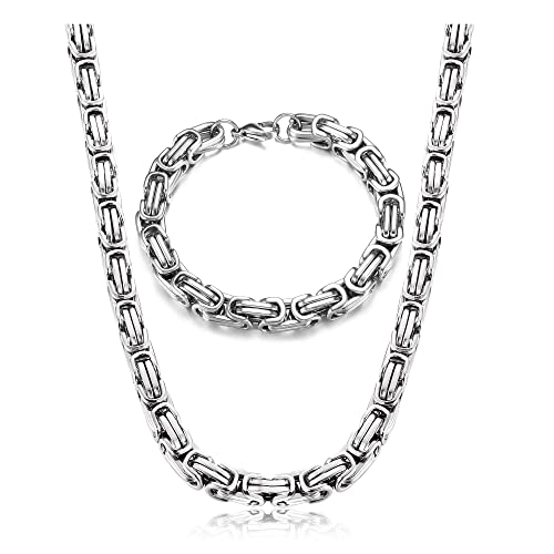 KRFY Mens Silver Byzantine Chain Necklace Bracelets 8MM Stainless Steel Thick Heavy Chain Hip Hop Jewelry for Men Boys Length 51/61/71cm