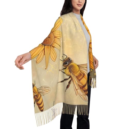 Écharpe homme femme motif abeilles fleurs long châle tendance noir 190 x 71 cm