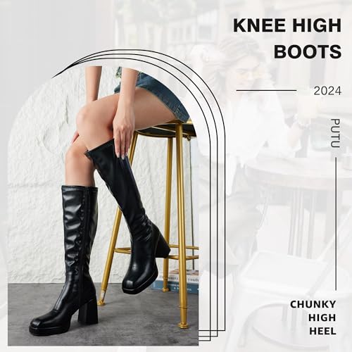 Putu Platform Knee High Boots for Women GoGo Boots with Square Toe Chunky Block Tall Boots2