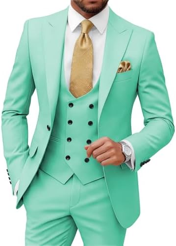 Wangyue Mens Suit Slim Fit 3 Piece Double Breasted Suits for Men Aqua Wedding Prom XXS