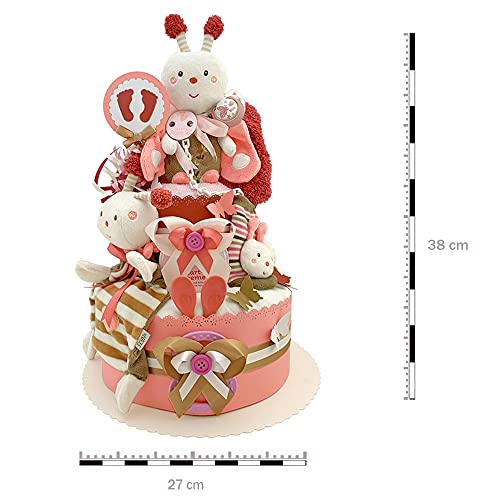MomsStory - Windeltorte Mädchen | Schmetterling & Biene | Baby-Geschenk zur Geburt Taufe Babyshower | 2 Stöckig (Rosa) XL Groß | mit Spieluhr Schuhchen Schmusetuch Schnuller & vieles mehr - Image 3