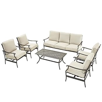Alternative view of Festival Depot 6Pcs Outdoor Furniture Patio Conversation Set All Weather Black Metal Armchairs with Seat and Back Cushions, Rectangle Coffee Table for Deck Lawn Garden, Beige