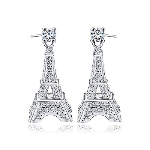 Love Paris Eiffel Tower Crystal Stud Dangle Earrings (Silver) Parisian Theme Pendant Fashion Women Jewelry.
