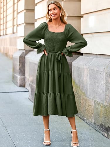 Image of Simplee Womens Long Sleeve Maxi Dress Casual Square Neck Smocked Flowy Fall Wedding Guest Dresses