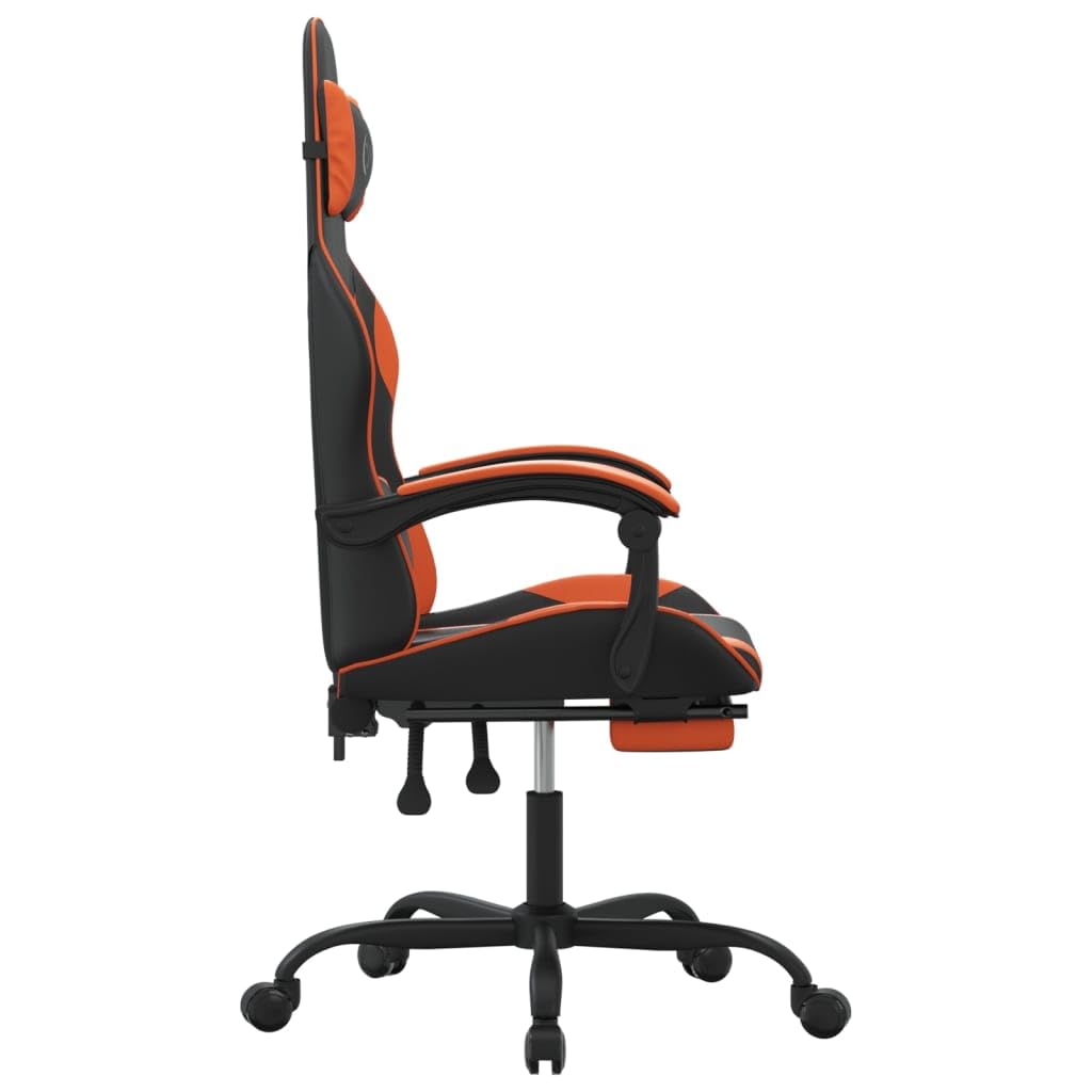 Gaming-Stuhl mit Fußstütze und Rollen, Kunstleder Schwarz Orange, Drehbar mit Höhenverstellung und Wippfunktion, Ergonomischer Bürostuhl für Gamer und Streaming-Sessions