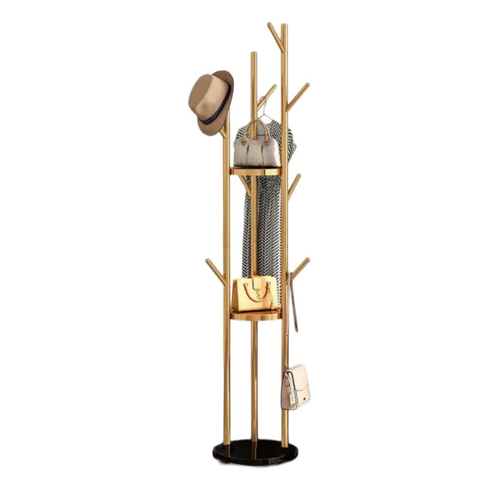 HRGKLMN Freestanding Coat Stand with Shelves, Modern Coat Rack Metal Three-Legged with Multiple Hooks, Sturdy Coat Hanger Stand for Hallway Bedroom Entrance Area,Gold B