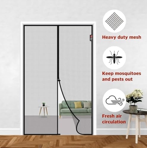 Image of Magnetic Mosquito Screen Door Net Curtain with Magnets Reinforced Polyester Curtain Back Door Mesh with All in One Insect Control | Insect Repellent Size 7 feet Black Color