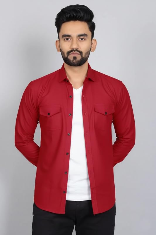 Image of DEELMO Men Solid Slim Fit Casual Overshirt Style Shirt | Full Sleeve Button-Down Layering Shirt Smart Casual Look