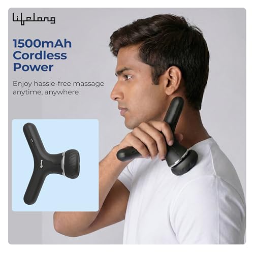 Image of Lifelong Flathead Massager | Body Massager for Pain Relief | 4 Specialized Heads for Targeted Therapy | 4 Speed Levels | Full Body Electric Percussion Massager for Adults & Children | Black