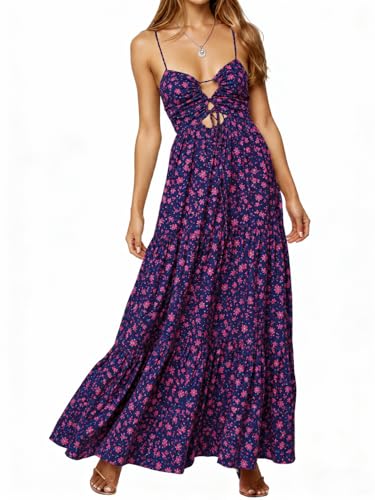 Image of Womens Summer Floral Spaghetti Strap Backless Low Cut Smocked Milkmaid Flowy Beach Sundresses