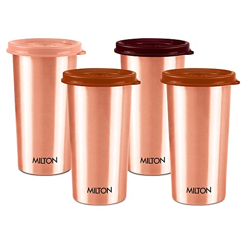 MILTON Copper Drinking Water Tumbler with Lid, Set of 4, 480 ml Each, Copper | 100% Leak Proof | Office | Gym | Yoga | Home | Kitchen | Hiking | Treking | Travel Tumbler