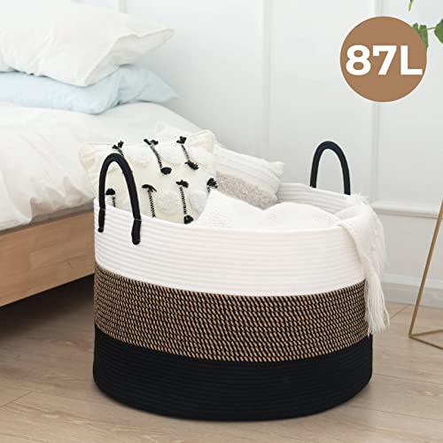 Hichen Large Woven Rope Basket With Handles, Blanket Basket Living Room, Baby Toy Nursery Storage Basket, Large Round Laundry Basket, 21.7 X 13.8 Inches, 83L #TOP1