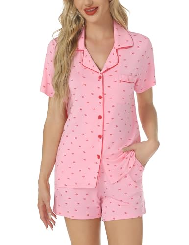 Image of Pjmlifecoco Women's Modal Pajama Set Short Sleeve Button Down Two Piece Soft Sleepwear with Shorts Loungewear S-XXL