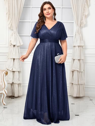 Image of Women's Plus Size Formal Dress Sparkly V Neck Ruffle Sleeve A Line Evening Gown Wedding Guest Bridesmaid Dresses