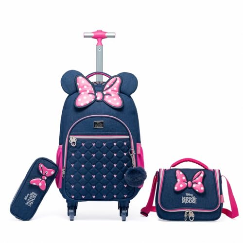 Kit Mochila Lancheira Estojo Minnie Jeans Rodinha Disney