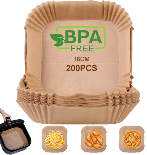 AiQInu Backpapier für Heißluftfritteuse, 200 Stück 16cm Airfryer Backpapier Eckig Wasserdicht Ölfest Pergamentpapier Liner Airfryer Zubehör… – Ansicht 1