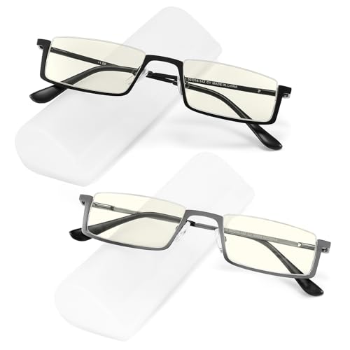 SDPIQDS 2 Pairs Half Moon Frame Reading Glasses Blue Light Blocking,Semi Rim Spring Hinge Metal Readers with Cases Women Men 2.0X