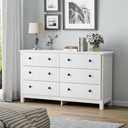 Image of HOUROM White Dresser for Bedroom, 7 Drawer Chest of Drawer with Metal Handle and Wide Drawer, Modern Wood Double Storage Organizer Dresser for Living Room, Hallway, Entryway