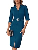 GRACE KARIN 2025 Damen Elegant Slim Fit Abendkleider Fashion V-Ausschnitt Hüftkleid mit Gürtel Business Work Kleid Pfauenblau XL
