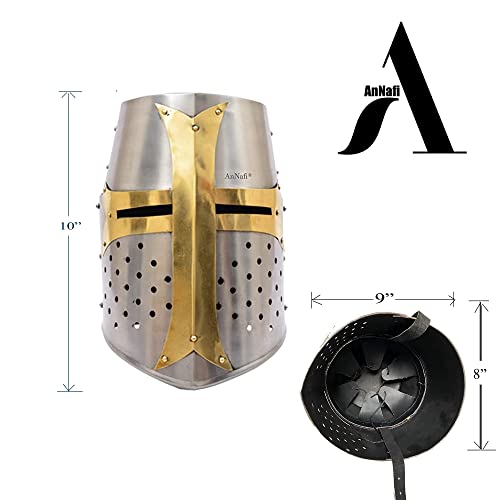 Annafi® Brass Crusader Helmet | Medieval Metal Knight Helmets | Premium Quality With Fitted Leather Liner | Dark Crusades Helmet Wearable For Adult | Medieval Costumes #TOP3