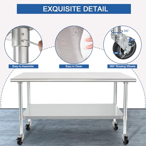 Image of HARDURA Stainless Steel Table with Wheels 24 x 72 Inches Casters NSF Heavy Duty Commercial Work & Prep Table with Undershelf and Galvanized Legs for Restaurant Kitchen Bar and Hotel Garage