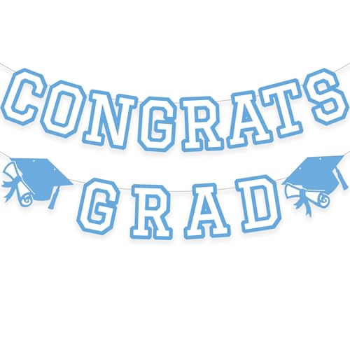 Image of Congrats Grad Banner Graduation Party Banner Decoration Hanging Garland High School College Backdrop Supplies Light Blue White