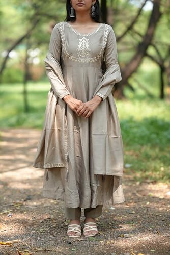 Image of MOKOSH Women's Silk Embroidery Anakrali Kurta Pant with Dupatta | Anarkali Kurta Set | Round Neck Full Sleeve Ethnic Suit | Floral Kurta 7 Colour Option Available | 3 Piece Outfit