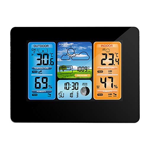 Kilcvt Wireless Weather Stations, with Outdoor Sensor, Colorful LCD Digital Screen, Digital Weather Forecast Station Wall Alarm Clock, Temperature Humidity Backlight Snooze Function,Black