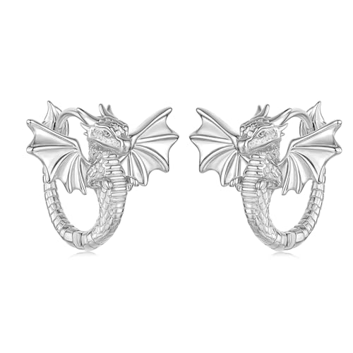 WOSTU Dragon Hoop Earrings with Sterling Silver Posts - Vintage Gothic Animal Huggie Earrings for Men Women, Hypoallergenic Ear Buckles Lightweight Punk Rock Jewelry Gift