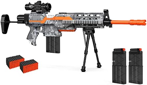 semour Toy Guns Automatic Sniper Gun with Bullets - Toys for Boys Kids Age 6-12, Automatic Toy Gun, Toy Foam Blasters & Guns with 2 Clips Magazine, Bipod, 100 Bullets, Camo Grey
