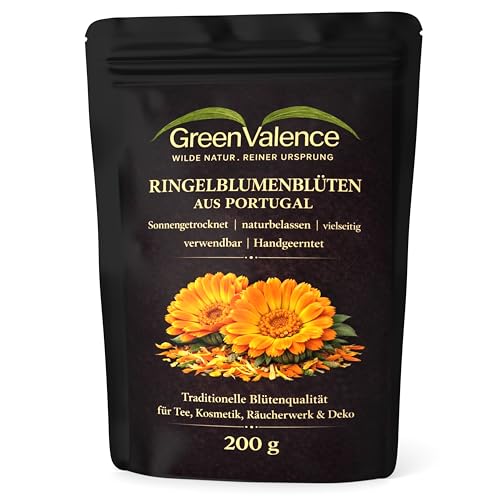 GreenValence - Ringelblumenblüten aus Portugal – 100% naturbelassen | Lose sonnen getrocknete Ringelblumen Blüten Blätter | Handgeerntet | Für Calendula Tee, Kosmetik & vielseitige Anwendungen (200 g)