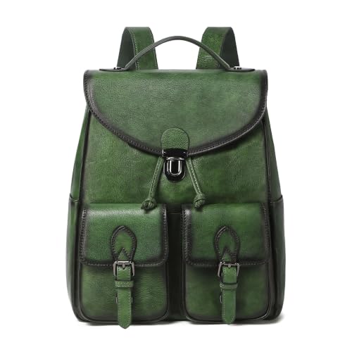 Image of COOLCY Women Vintage Genuine Leather Backpack Purse Fashion Rucksack Practical and Stylish Retro Daypack Bag (Green)