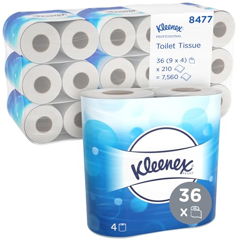 Kleenex Standard Size Toilet Roll 8477-2 Ply Toilet Paper - 9 Packs of 4 Toilet Rolls x 210 White Toilet Tissue Sheets (36 Rolls / 7,560 Sheets Total)