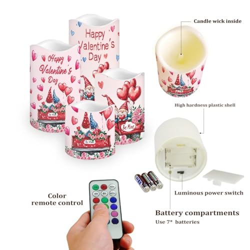 Image of Cute Gnome Rose Plastic Flameless Candles with Remote Control and Timer American Flag LED Flickering Battery Electric Pillar Candles for Home Valentine's Day Decoration