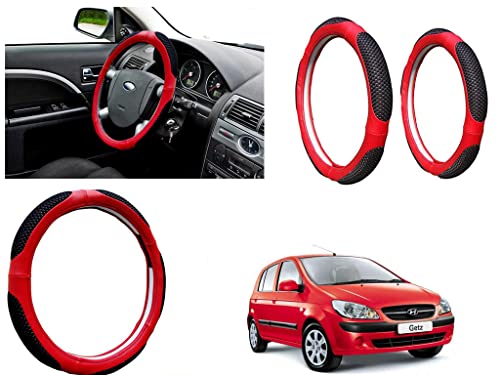 Image of Microfiber Car Steering Wheel Cover, Soft Padding Great Hand Feel, Anti-Slip, Faux Leather Steering Cover for Hyundai Getz Prime | Black Red Jali - Pack of 1