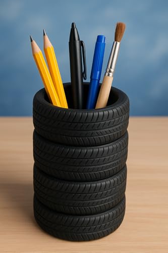 Gerçek Lastik Desenli Kalemlik, Ebatlar: 8,5 cm x 10 cm, Yüksek Kalite 3D Baskı, Çevre Dostu Pla Malzeme, Kalem Kutusu, Masa Kalemliği