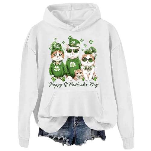 Sudadera con capucha Happy St Pawtrick's Day, sudadera con capucha del día de San Patricio, sudadera con capucha de gatos de San Patricio, camisa de manga larga del día de San Patricio, blanco, XXL