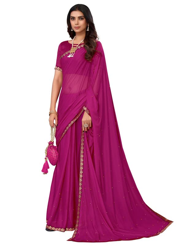 Image of SIRIL Women's Lace & Peral Work Lycra Saree with Unstitched Blouse Piece(2739S253 Hot Pink)