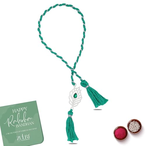 Image of 92.5 Sterling Silver Peacock Feather with Stone Thread Rakhi For Rakshabandhan | Rakhi With Fragrance Greeting Card & Roli Chawal and Silver Certificate of Authenticity