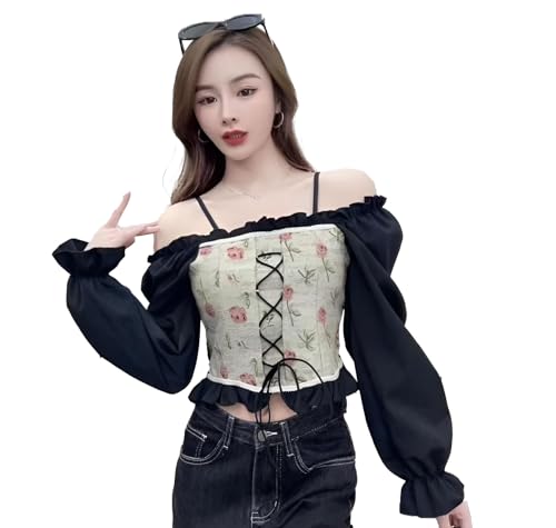 Image of ICW Women Korean Retro Style Vintage Floral Jacquard Lace-Up Off-The-Shoulder Smock Puff Sleeve Ruffled Crop Blouse Corset Top DN6021