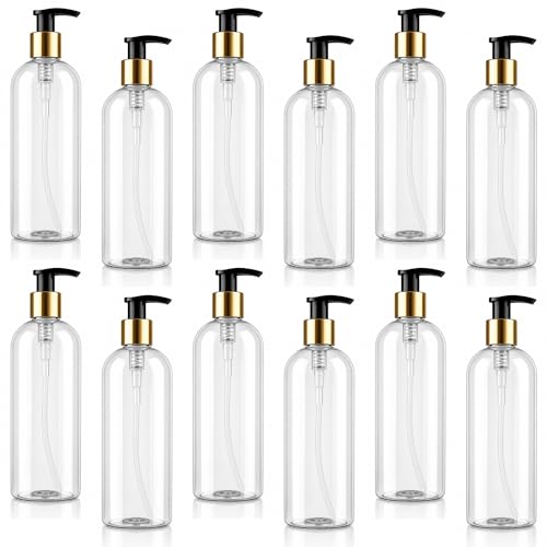 Image of Prakash Empty Plastic Pump Bottles Dispenser 500ml Portable Shampoo Lotion Hand Bottle (Transparent Golden Pump 500ML, Pack of 12)