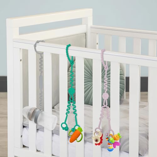 Image of Baby Toy Straps - 1 Drag 2 Design for Toy Safety - 5 Food-Grade Silicone Straps for Strollers, High Chairs, Cribs & Car Seats - Navy, Dark Gray, Pink, Spearmint + Sippy Cup Strap