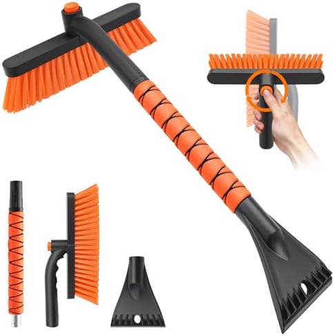 nacena Snow Brush and Ice Scrapers for Car Windshield, Detachable Snow Remover for Cars EVA Foam Grip and Rotatable Brush Head Snow Scraper for Car Trucks SUV, Winter Cars Accessories (Orange)