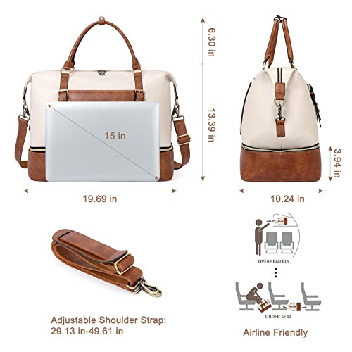 CLUCI Weekender Bag for Women Leather Large Overnight Travel Duffel Bag with Shoe Compartment Beige with Brown3