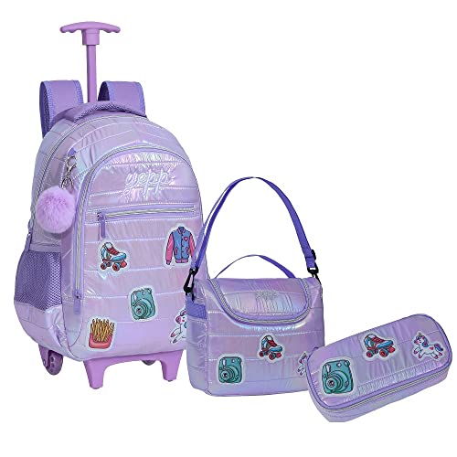 Kit Mochila Meninas Unicórnio Rodinhas Lancheira e Estojo Cor:Lilás