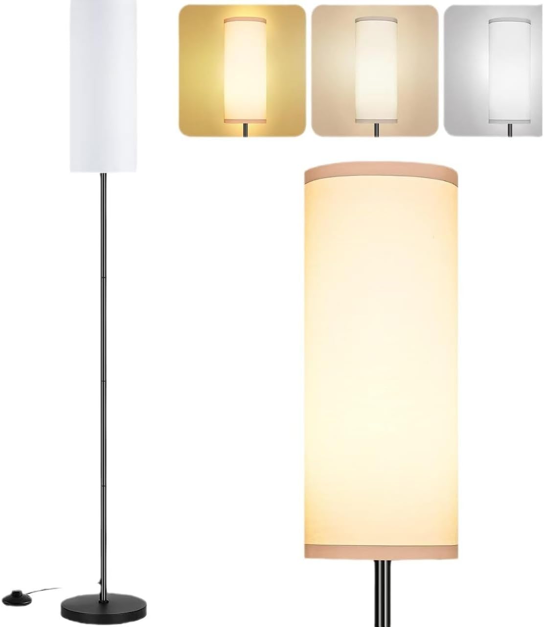 luckystyle Dimmable Floor Standing Tall Lamp, 12W Led Bulb with Lampshade, Foot Switch, Remote Custom Color Temperature Pole for Bedroom, Office, Kids & Living Room, coIor