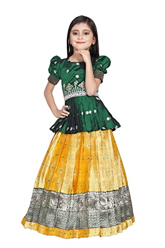 Image of FELIZ THE DESIGNER STUDIO Kids Green Pattu Pavadai Lehenga Choli for Girls (4-5 Years)