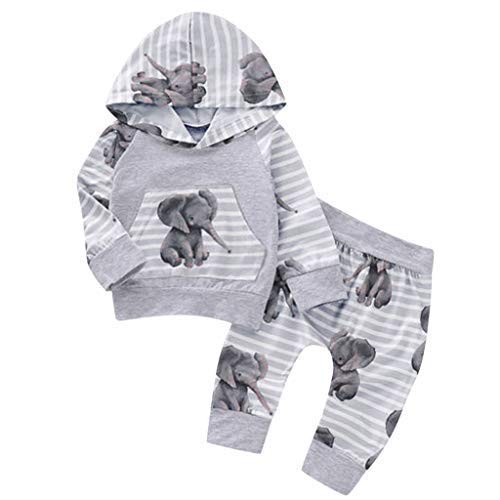 0-18Months,Zimuuy Newborn Baby Girls Boy Elephant Printed Hooded Tops Striped Pants Autumn Clothes Tracksuit Outfits Sets (0-3 Months, Gray)