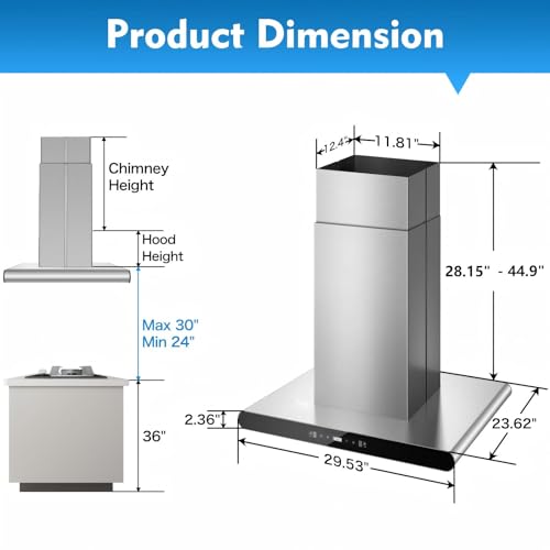 Image of Tiesay Island Range Hood 30 inch, 700 CFM Dual-Sided Ceiling Mount Vent Hood, Convertible Ducted /Ductless, Touch,Gesture & Remote Control, 3-Speed Fan, 4 LED Lights, Stainless Steel