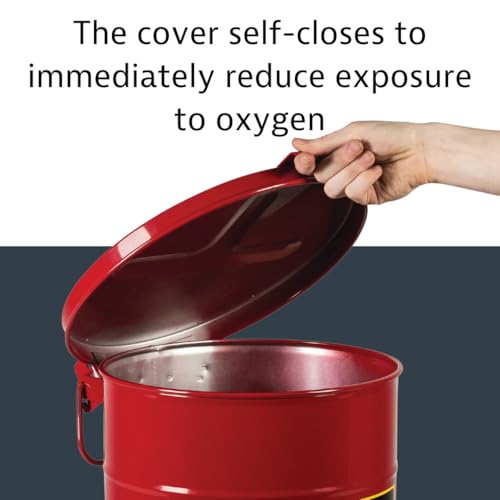 Justrite 21 Gallon Galvanized Steel Oily Waste Can, 23.5" x 18" Metal Oil Rag Safety Can with Hand Operated Self-Closing Lid for Oil Rag Disposal, Made in The USA, Red, 09710 - Thumbnail 5